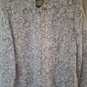 Chic Gray Patterned Jacket with Embellished Collar